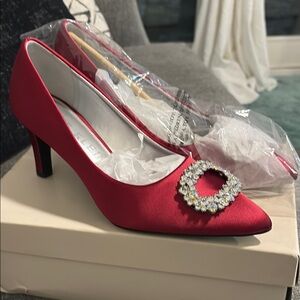 Anne Klein Red Satin Stiletto Heels with Crystal Detail